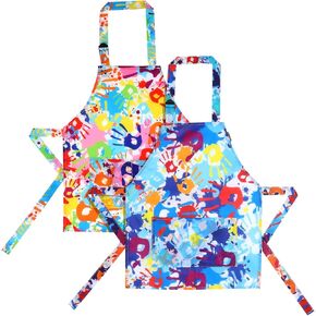 Prasacco 2 Pcs Kid Aprons Rainbow Handprints Kids Painting Apron Adjustable Kid Art Smock Waterproof Art Apron with Pockets for Boys and Girls Toddler Kids Aprons for Painting Cooking Baking