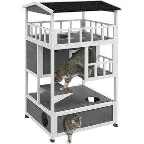 PawHut Wooden Outdoor Cat House, Feral Cat Shelter Kitten Condo with Asphalt Roof, Escape Doors, Condo, Jumping Platform, Yellow