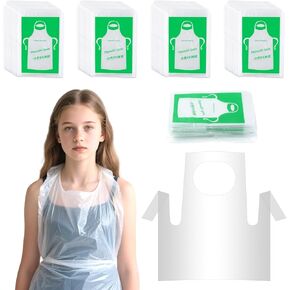 50 Pieces Disposable Aprons for Kids, Plastic Smocks, Clear kids Apron Children Painting Apron Disposable Waterproof Oil Proof Toddler Art Aprons for Cooking Eating Teaching DIY Craft Picnic