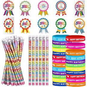 296 Pcs Birthday Pencils Set 48 Happy Birthday Pencils 48 Happy Birthday Rubber Wristband 200 Happy Birthday Badge Stickers for Teacher Classroom Birthday Party Supply (296)