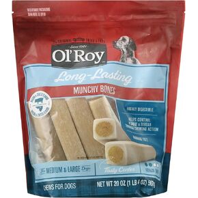 Ol Roy Long Lasting Munchy Dog Bones, Bacon & Cheese Flavor, 20 oz, 7 Chews for Medium & Large Dogs, Highly Digestible, Helps Reduce Plaque & Tartar, Tasty Center, Rawhide-Free, Chewing Reward