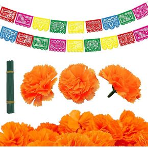 118 Pcs Mexican Dia De Los Muertos Decor, 100 Pcs Artificial Marigold Flower Heads, 18 Pcs Mexican Banner, The Dead Decorations for Mexican Themed Party, Diwali Home Decor Day