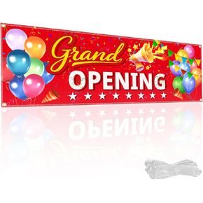 3x10 ft Grand Opening Banner with 9.8 ft Ribbon – Premium Polyester Grand Opening Sign for Store, Business, Restaurant – Outdoor/Indoor Advertising Backdrop with 10 Brass Grommets (Red)