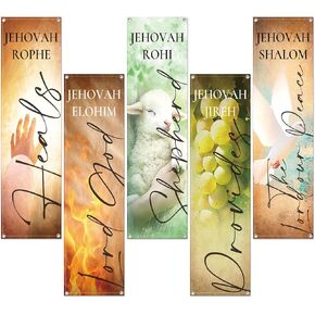 5 Pcs Church Banners 2ft x 6ft Church Banners Names of God Sanctuary Christian Decor Jehovah Rophe Religious Hanging Signs for Wall Welcome Backdrop Inspirational Pentecost Sunday Event Gift