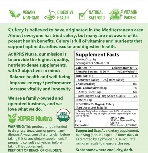 XPRS Nutra Organic Celery Powder - Celery Organic Fresh Powder Antioxidant - Premium Celery Powder Organic - Vegan Friendly Celery Fresh Powder (8 Ounce) in Saudi Arabia