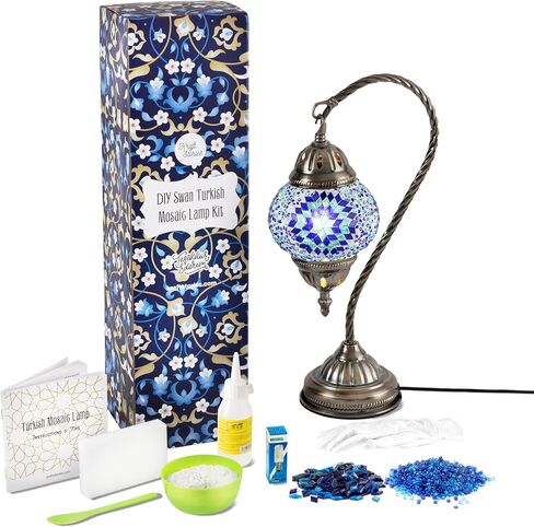 KRAFTSTORIES Turkish Mosaic Swan Neck Lamp Making Kit| DIY Colorful Glass Decorative Nightstand Table Light| Craft Kit |Make Your Own Lamp | Living Room Bedroom | Antique Bronze Base (Blue) in Kuwait
