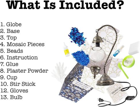 KRAFTSTORIES Turkish Mosaic Swan Neck Lamp Making Kit| DIY Colorful Glass Decorative Nightstand Table Light| Craft Kit |Make Your Own Lamp | Living Room Bedroom | Antique Bronze Base (Blue) in Kuwait