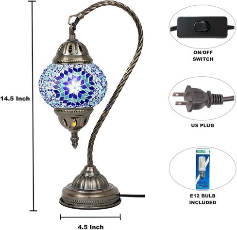 KRAFTSTORIES Turkish Mosaic Swan Neck Lamp Making Kit| DIY Colorful Glass Decorative Nightstand Table Light| Craft Kit |Make Your Own Lamp | Living Room Bedroom | Antique Bronze Base (Blue) in Kuwait