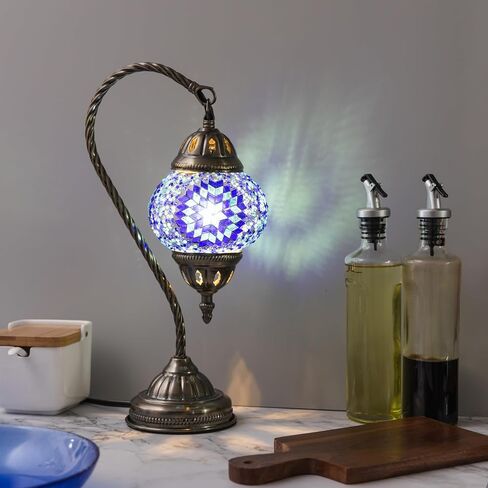 KRAFTSTORIES Turkish Mosaic Swan Neck Lamp Making Kit| DIY Colorful Glass Decorative Nightstand Table Light| Craft Kit |Make Your Own Lamp | Living Room Bedroom | Antique Bronze Base (Blue) in Kuwait