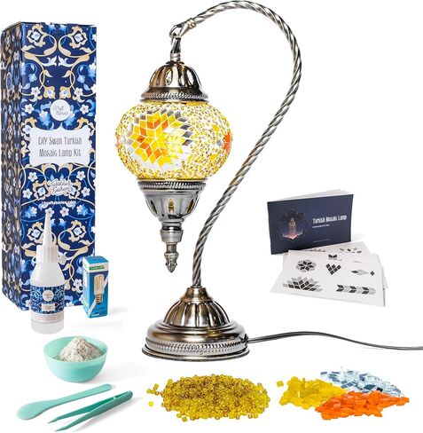KRAFTSTORIES Turkish Mosaic Swan Neck Lamp Making Kit| DIY Colorful Glass Decorative Nightstand Table Light| Craft Kit |Make Your Own Lamp | Living Room Bedroom | Antique Bronze Base (Blue) in Saudi Arabia