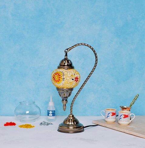 KRAFTSTORIES Turkish Mosaic Swan Neck Lamp Making Kit| DIY Colorful Glass Decorative Nightstand Table Light| Craft Kit |Make Your Own Lamp | Living Room Bedroom | Antique Bronze Base (Blue) in Saudi Arabia