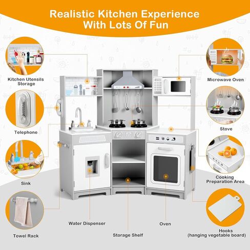 تلعب Joyldias Kids المطبخ ، الزاوية الخشبية المتظاهر ألعاب المطبخ المطبخ مع الأضواء والأصوات الواقعية ، فرن الميكروويف ، موزع المياه ، الهاتف ، بالوعة ، ملحقات الطهي ، للأعمار 3+ ، الوردي in Kuwait