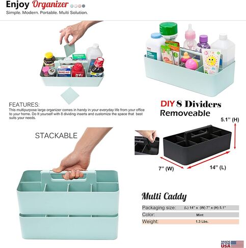 2 PACK - Portable DIY 8 Dividers Durable Plastic Tote Basket Bin Tool & Supply Cleaning Caddy with Handle Made In USA (Mint) in Kuwait