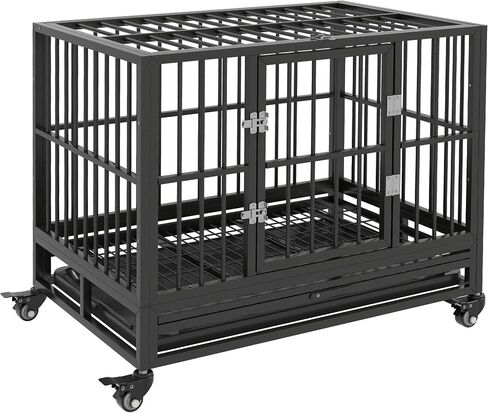 Pawhut 36 "Dick Dick Dog Crate Metal Cage Beteels مع عجلات قابلة للقفل وباب مزدوج ودرج قابل للإزالة والرمادي in Saudi Arabia