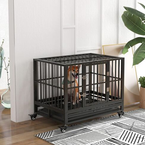 Pawhut 36 "Dick Dick Dog Crate Metal Cage Beteels مع عجلات قابلة للقفل وباب مزدوج ودرج قابل للإزالة والرمادي in Saudi Arabia