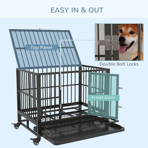Pawhut 36 "Dick Dick Dog Crate Metal Cage Beteels مع عجلات قابلة للقفل وباب مزدوج ودرج قابل للإزالة والرمادي in Saudi Arabia