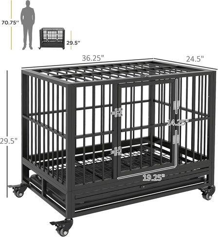 Pawhut 36 "Dick Dick Dog Crate Metal Cage Beteels مع عجلات قابلة للقفل وباب مزدوج ودرج قابل للإزالة والرمادي in Saudi Arabia