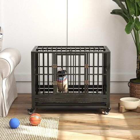 Pawhut 36 "Dick Dick Dog Crate Metal Cage Beteels مع عجلات قابلة للقفل وباب مزدوج ودرج قابل للإزالة والرمادي in Saudi Arabia