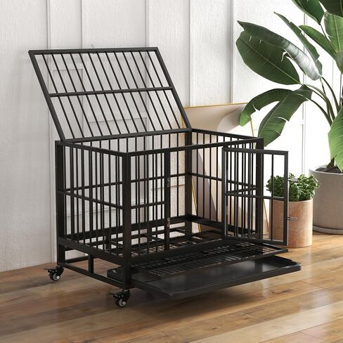 Pawhut 36 "Dick Dick Dog Crate Metal Cage Beteels مع عجلات قابلة للقفل وباب مزدوج ودرج قابل للإزالة والرمادي in Saudi Arabia