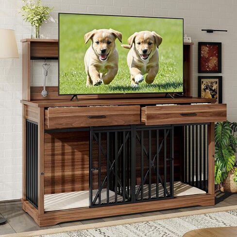 55.1" Double Dog Crate Furniture for Large or 2 Medium Dogs, Heavy Duty Dog Cage Table with 2 Storage Drawers and Shelves, TV Stand Side End Table for 2 Dogs with Divider Locks, Brown in Saudi Arabia