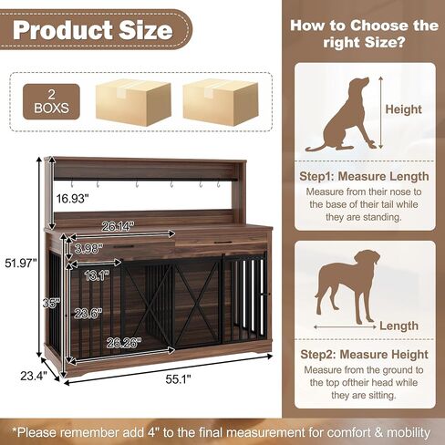 55.1" Double Dog Crate Furniture for Large or 2 Medium Dogs, Heavy Duty Dog Cage Table with 2 Storage Drawers and Shelves, TV Stand Side End Table for 2 Dogs with Divider Locks, Brown in Saudi Arabia