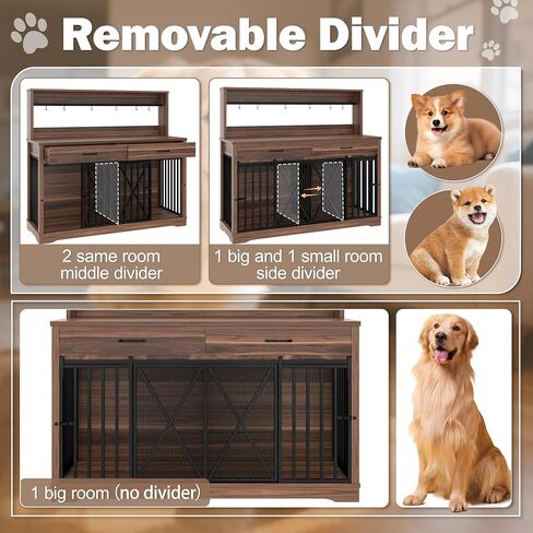 55.1" Double Dog Crate Furniture for Large or 2 Medium Dogs, Heavy Duty Dog Cage Table with 2 Storage Drawers and Shelves, TV Stand Side End Table for 2 Dogs with Divider Locks, Brown in Saudi Arabia