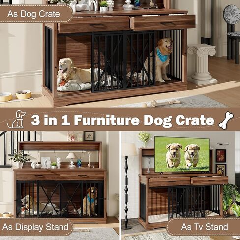 55.1" Double Dog Crate Furniture for Large or 2 Medium Dogs, Heavy Duty Dog Cage Table with 2 Storage Drawers and Shelves, TV Stand Side End Table for 2 Dogs with Divider Locks, Brown in Saudi Arabia