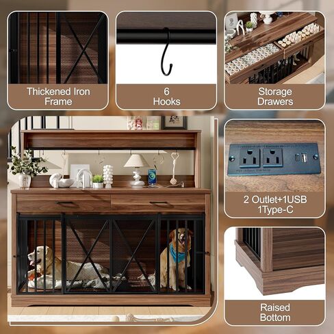 55.1" Double Dog Crate Furniture for Large or 2 Medium Dogs, Heavy Duty Dog Cage Table with 2 Storage Drawers and Shelves, TV Stand Side End Table for 2 Dogs with Divider Locks, Brown in Saudi Arabia