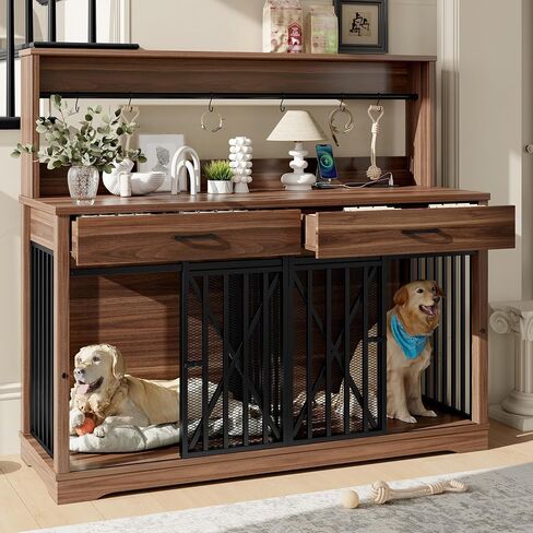 55.1" Double Dog Crate Furniture for Large or 2 Medium Dogs, Heavy Duty Dog Cage Table with 2 Storage Drawers and Shelves, TV Stand Side End Table for 2 Dogs with Divider Locks, Brown in Saudi Arabia