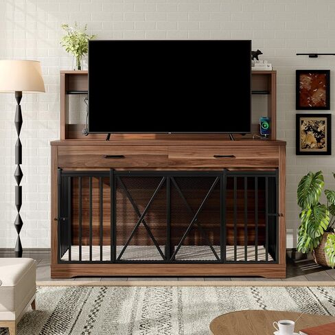 55.1" Double Dog Crate Furniture for Large or 2 Medium Dogs, Heavy Duty Dog Cage Table with 2 Storage Drawers and Shelves, TV Stand Side End Table for 2 Dogs with Divider Locks, Brown in Saudi Arabia