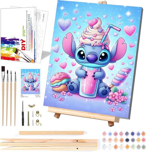 Cartoon Paint by Numbers Kit for Kids with Framed Canvas - with Wooden Easel, Easy Kids Paint by Number Kits Age 8-12, DIY Acrylic Oil Painting Kits with 4 Wooden Brushes Nice Gift Box (12x16 inch) in Kuwait