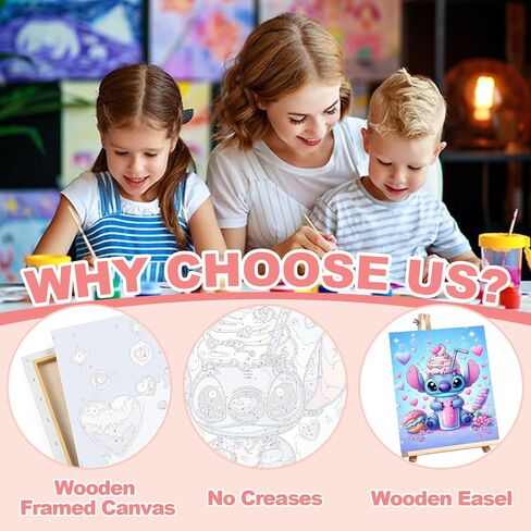 Cartoon Paint by Numbers Kit for Kids with Framed Canvas - with Wooden Easel, Easy Kids Paint by Number Kits Age 8-12, DIY Acrylic Oil Painting Kits with 4 Wooden Brushes Nice Gift Box (12x16 inch) in Kuwait