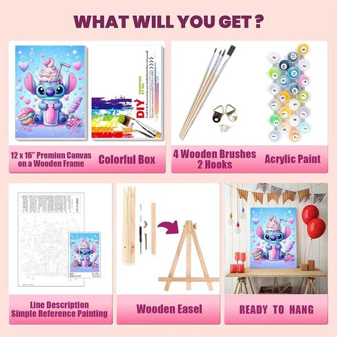 Cartoon Paint by Numbers Kit for Kids with Framed Canvas - with Wooden Easel, Easy Kids Paint by Number Kits Age 8-12, DIY Acrylic Oil Painting Kits with 4 Wooden Brushes Nice Gift Box (12x16 inch) in Kuwait