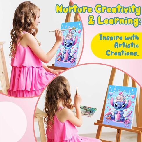 Cartoon Paint by Numbers Kit for Kids with Framed Canvas - with Wooden Easel, Easy Kids Paint by Number Kits Age 8-12, DIY Acrylic Oil Painting Kits with 4 Wooden Brushes Nice Gift Box (12x16 inch) in Kuwait