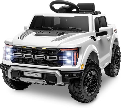 ENYOPRO 12V Licensed Ford F-150 Raptor Electric Car for Kids, Toddler Ride On Truck w/Remote Control, Kids Ride On Toys w/LED Lights, Bluetooth, Radio, Seat Belt, Soft Start, Rear Storage (White) in Kuwait