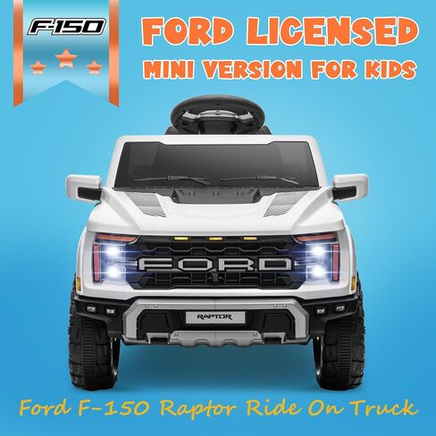 ENYOPRO 12V Licensed Ford F-150 Raptor Electric Car for Kids, Toddler Ride On Truck w/Remote Control, Kids Ride On Toys w/LED Lights, Bluetooth, Radio, Seat Belt, Soft Start, Rear Storage (White) in Kuwait