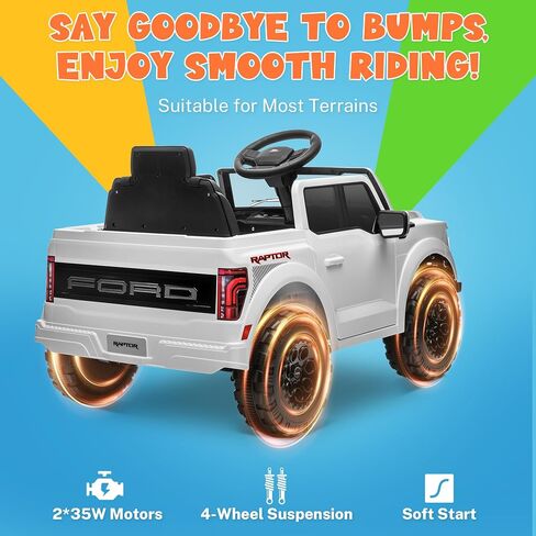 ENYOPRO 12V Licensed Ford F-150 Raptor Electric Car for Kids, Toddler Ride On Truck w/Remote Control, Kids Ride On Toys w/LED Lights, Bluetooth, Radio, Seat Belt, Soft Start, Rear Storage (White) in Kuwait