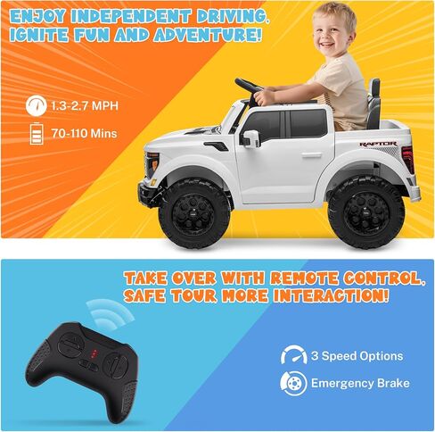 ENYOPRO 12V Licensed Ford F-150 Raptor Electric Car for Kids, Toddler Ride On Truck w/Remote Control, Kids Ride On Toys w/LED Lights, Bluetooth, Radio, Seat Belt, Soft Start, Rear Storage (White) in Kuwait