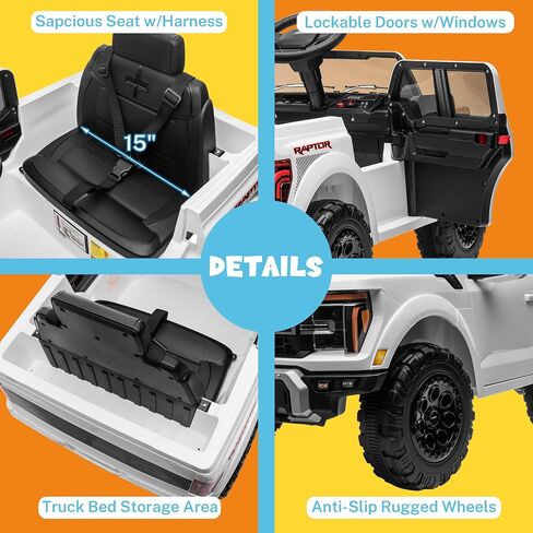 ENYOPRO 12V Licensed Ford F-150 Raptor Electric Car for Kids, Toddler Ride On Truck w/Remote Control, Kids Ride On Toys w/LED Lights, Bluetooth, Radio, Seat Belt, Soft Start, Rear Storage (White) in Kuwait
