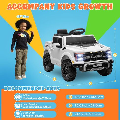 ENYOPRO 12V Licensed Ford F-150 Raptor Electric Car for Kids, Toddler Ride On Truck w/Remote Control, Kids Ride On Toys w/LED Lights, Bluetooth, Radio, Seat Belt, Soft Start, Rear Storage (White) in Kuwait