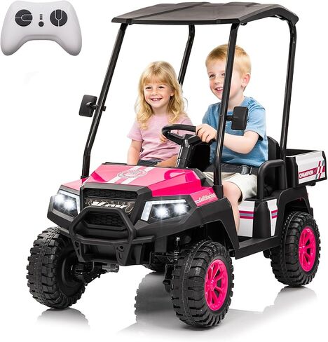 24V XL Ride on Truck w/RC-مقعد واسع 20 بوصة ، شمسي قابلة للإزالة ، محرك مزدوج الحركية ، تعليق زنبركي 4 عجلات ، صوت بلوتوث ومقاعد مزدوجة مريحة (وردي) in Kuwait
