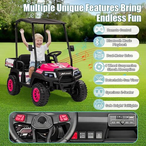 24V XL Ride on Truck w/RC-مقعد واسع 20 بوصة ، شمسي قابلة للإزالة ، محرك مزدوج الحركية ، تعليق زنبركي 4 عجلات ، صوت بلوتوث ومقاعد مزدوجة مريحة (وردي) in Kuwait