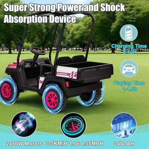 24V XL Ride on Truck w/RC-مقعد واسع 20 بوصة ، شمسي قابلة للإزالة ، محرك مزدوج الحركية ، تعليق زنبركي 4 عجلات ، صوت بلوتوث ومقاعد مزدوجة مريحة (وردي) in Kuwait