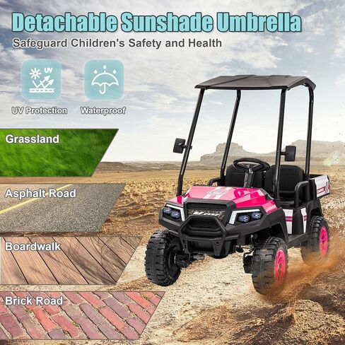 24V XL Ride on Truck w/RC-مقعد واسع 20 بوصة ، شمسي قابلة للإزالة ، محرك مزدوج الحركية ، تعليق زنبركي 4 عجلات ، صوت بلوتوث ومقاعد مزدوجة مريحة (وردي) in Kuwait