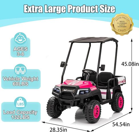 24V XL Ride on Truck w/RC-مقعد واسع 20 بوصة ، شمسي قابلة للإزالة ، محرك مزدوج الحركية ، تعليق زنبركي 4 عجلات ، صوت بلوتوث ومقاعد مزدوجة مريحة (وردي) in Kuwait