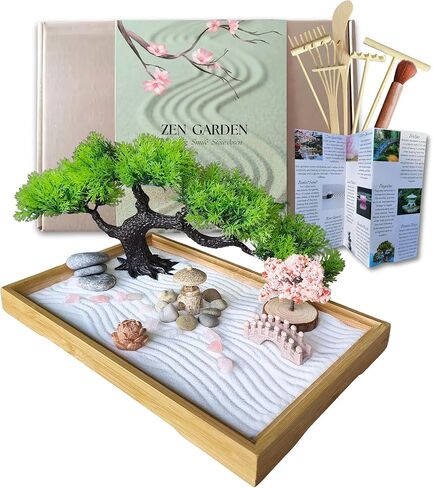 Zen Garden for Desk – Japanese Decor, Rose Quartz, 11x7.5 Tray with White Sand, Rake, Bamboo, Bonsai Tree, and Accessories – Meditation & Stress Relief Gift for Office or Home (Black) in Saudi Arabia