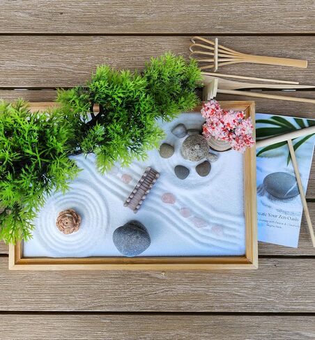 Zen Garden for Desk – Japanese Decor, Rose Quartz, 11x7.5 Tray with White Sand, Rake, Bamboo, Bonsai Tree, and Accessories – Meditation & Stress Relief Gift for Office or Home (Black) in Saudi Arabia
