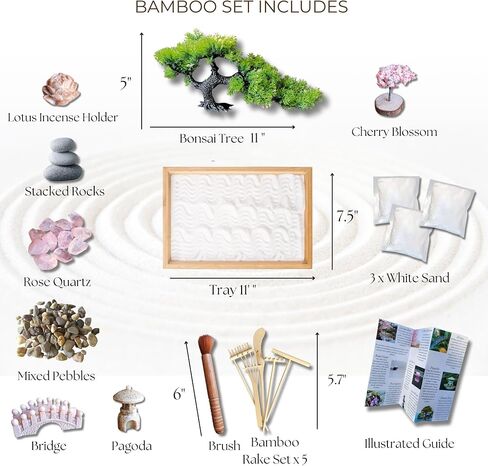 Zen Garden for Desk – Japanese Decor, Rose Quartz, 11x7.5 Tray with White Sand, Rake, Bamboo, Bonsai Tree, and Accessories – Meditation & Stress Relief Gift for Office or Home (Black) in Saudi Arabia
