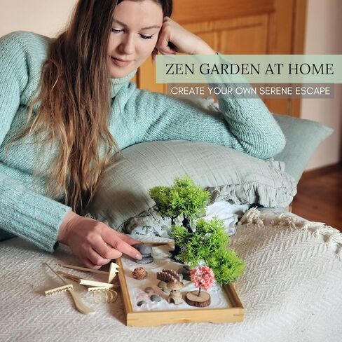Zen Garden for Desk – Japanese Decor, Rose Quartz, 11x7.5 Tray with White Sand, Rake, Bamboo, Bonsai Tree, and Accessories – Meditation & Stress Relief Gift for Office or Home (Black) in Saudi Arabia