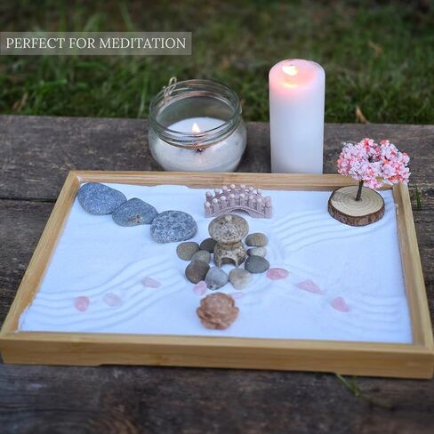 Zen Garden for Desk – Japanese Decor, Rose Quartz, 11x7.5 Tray with White Sand, Rake, Bamboo, Bonsai Tree, and Accessories – Meditation & Stress Relief Gift for Office or Home (Black) in Saudi Arabia